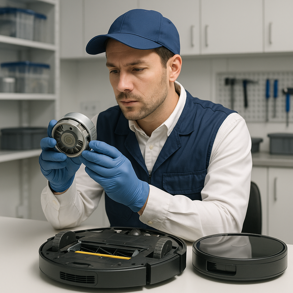 roboserfix teknik servis personeli robot süpürge üzerinde çalışıyor.